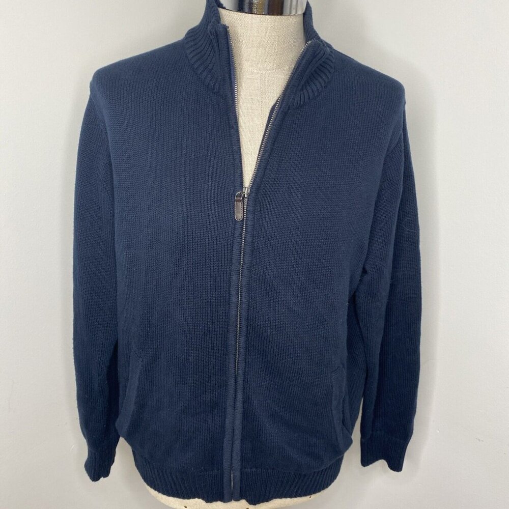 LL Bean Men’s Cotton Navy Blue Zip Front Cardigan Sweater Sz L Pockets Collar